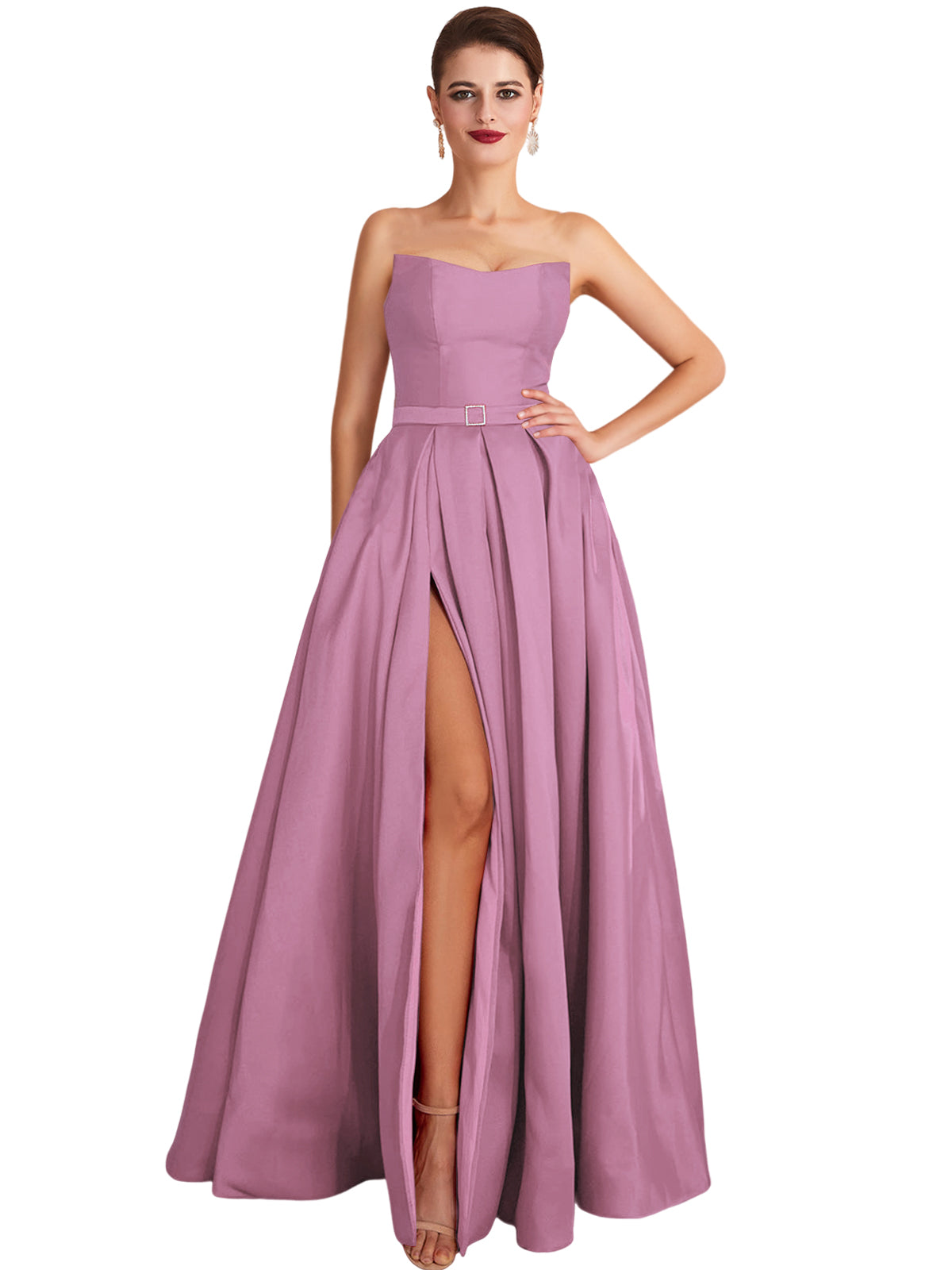 A Line Long Prom Dress Strapless Satin Slit Evening Ball Gown GD101542