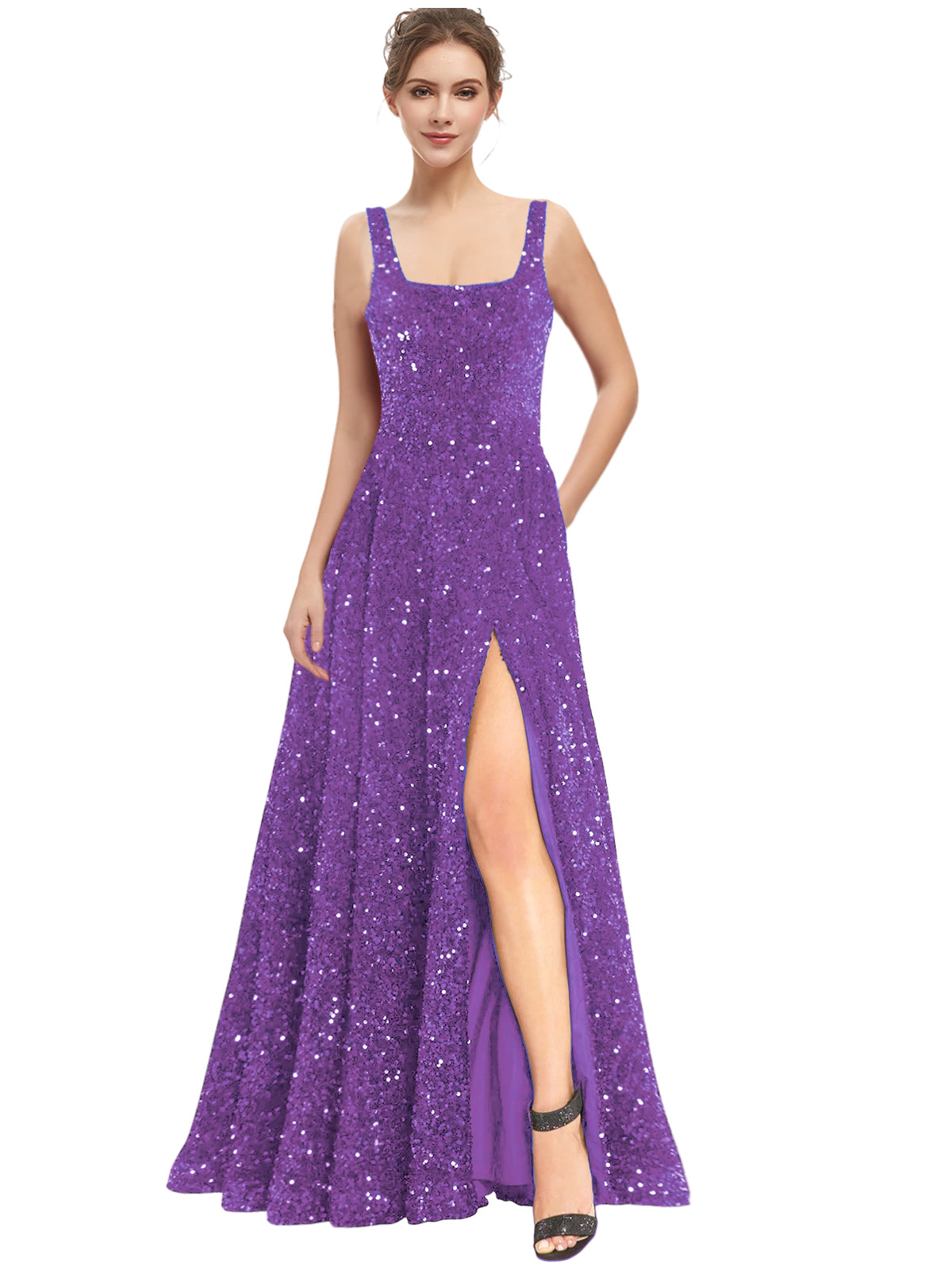 Women's Long Dress Sequin Bateau/Boat Back Strap Slit Fashion Long Sleeveless Party Dress GD101932