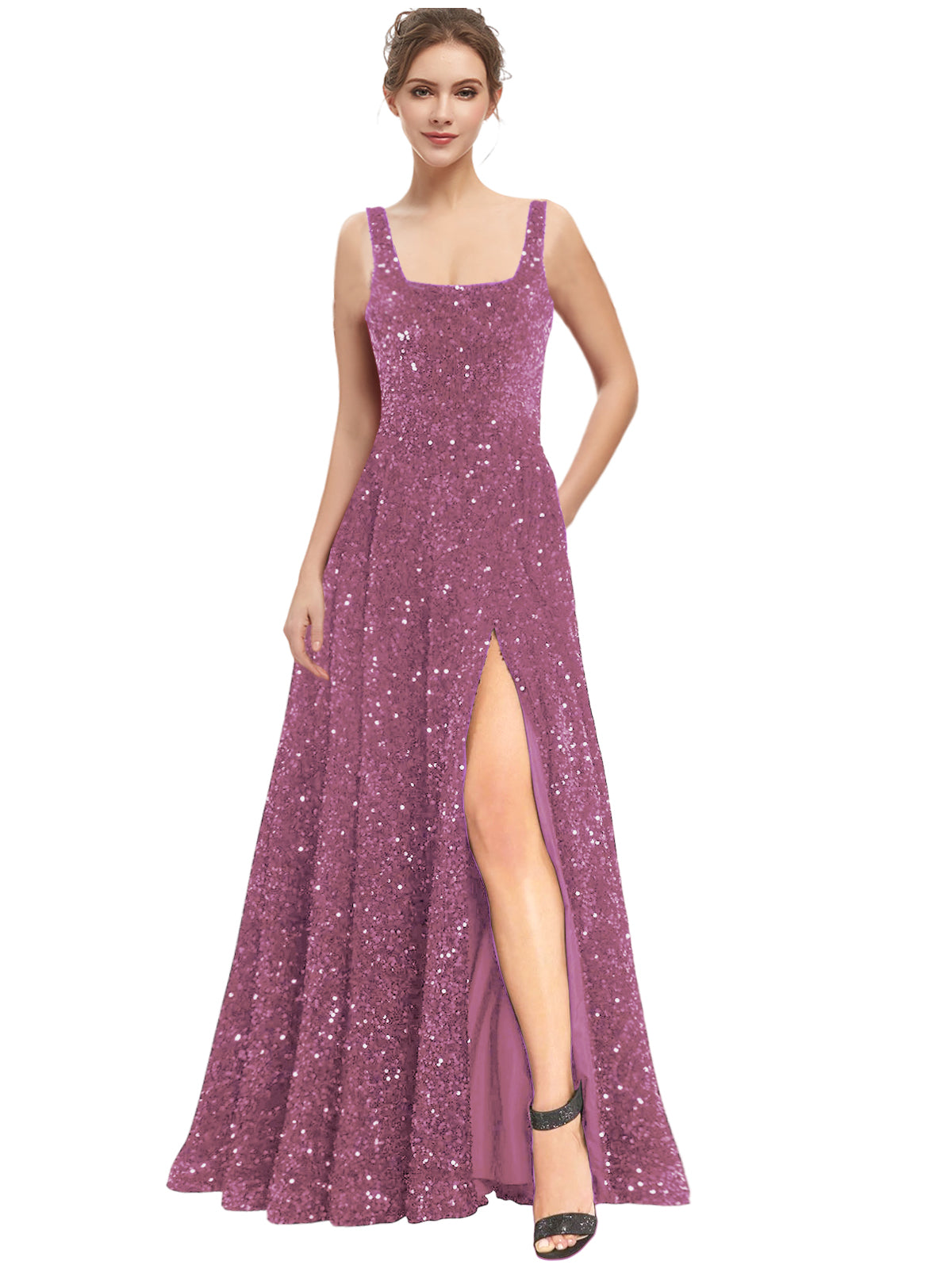 Women's Long Dress Sequin Bateau/Boat Back Strap Slit Fashion Long Sleeveless Party Dress GD101932