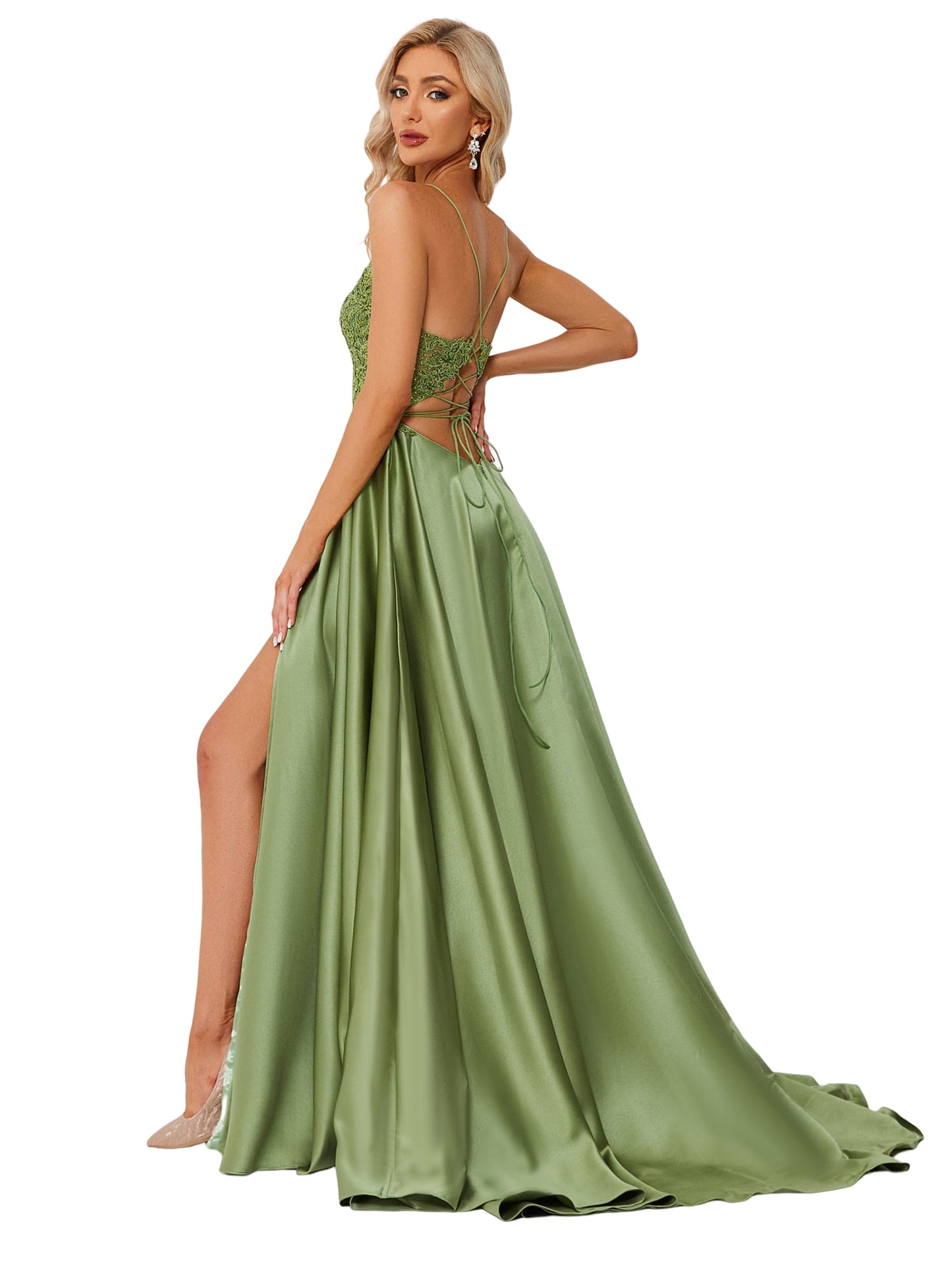 A Line Long Prom Dress Lace Satin Evening Ball Gown GD101504