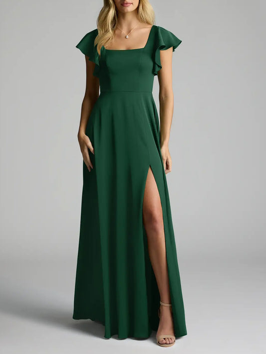 Dark Green Chiffon A-Line Square Neck Dress-F0114001