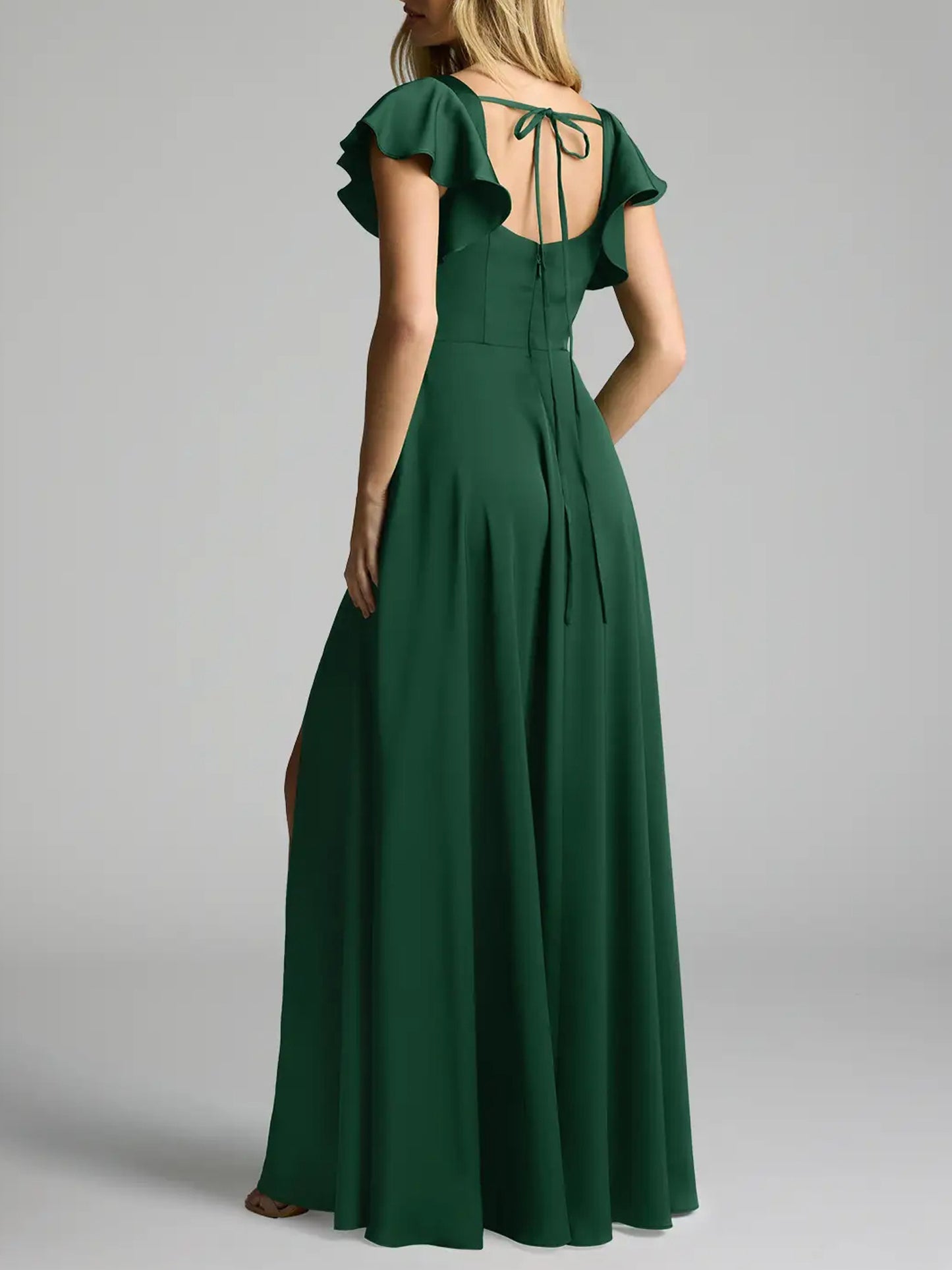 Dark Green Chiffon A-Line Square Neck Dress-F0114001