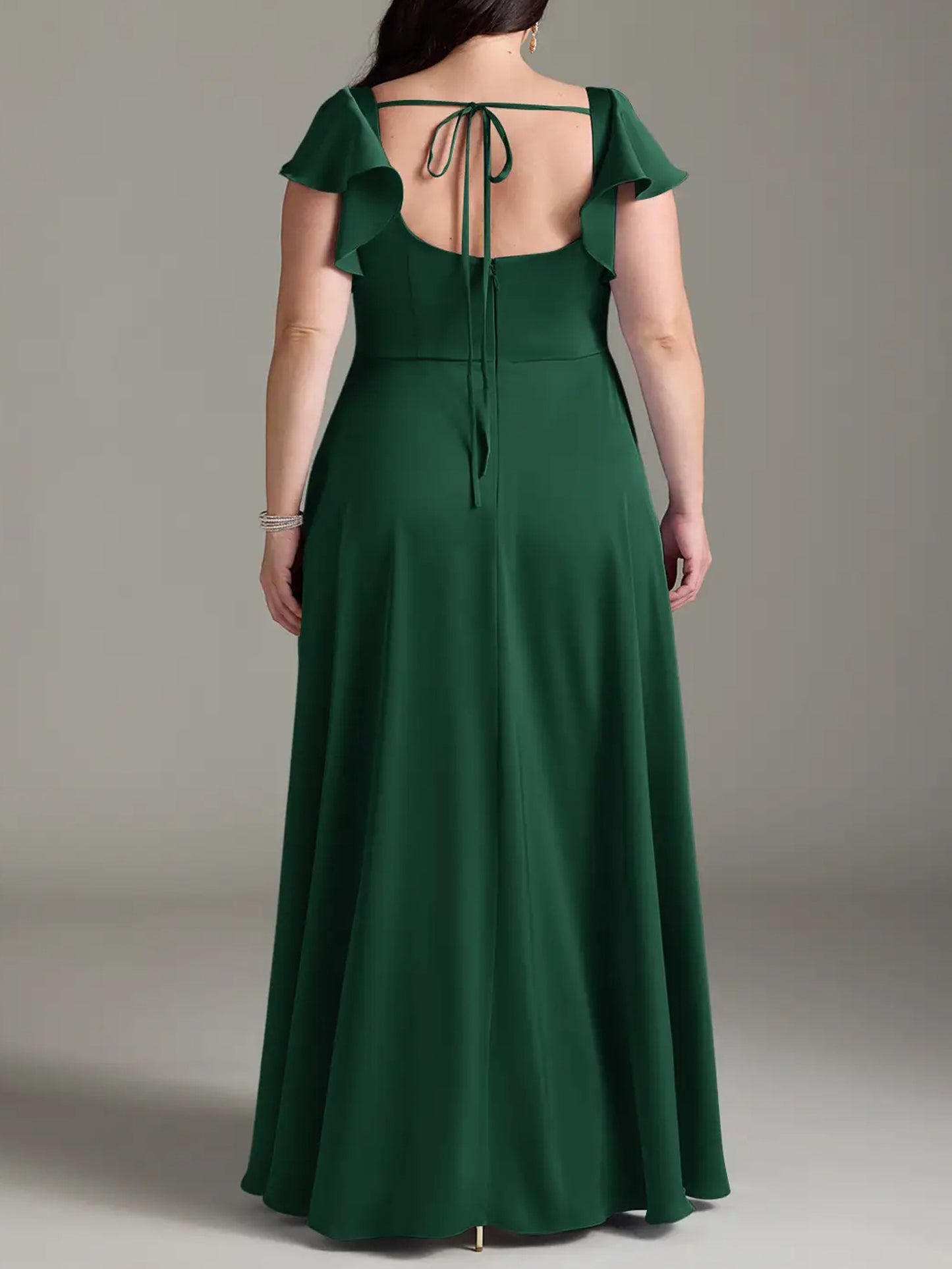 Dark Green Chiffon A-Line Square Neck Dress-F0114001