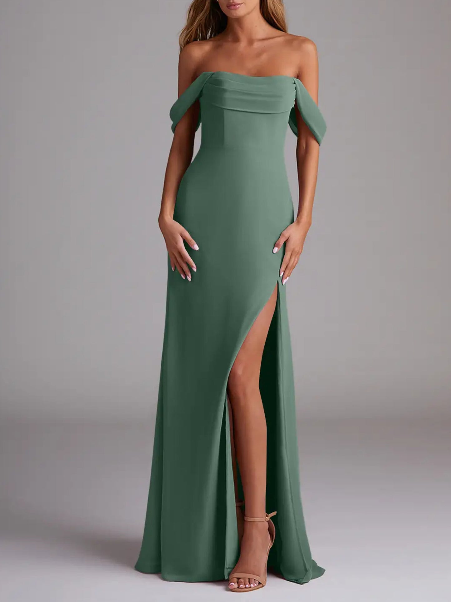 Chiffon Sheath Cowl Off-the-Shoulder Bridesmaid Dress-F0114003
