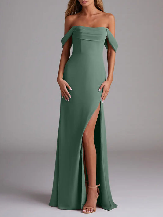 Chiffon Sheath Cowl Off-the-Shoulder Bridesmaid Dress-F0114003