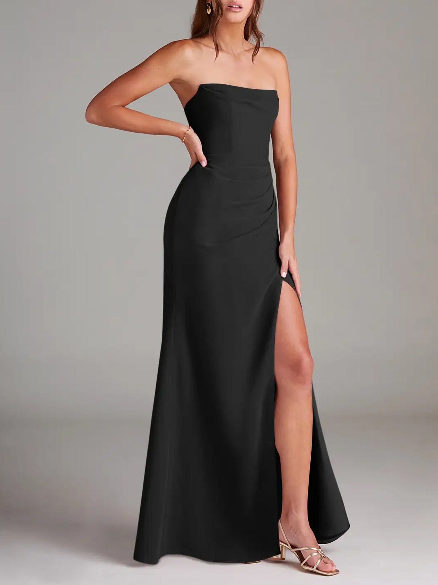 Black Strapless Sheath Strapless Chiffon Dress-F0114004