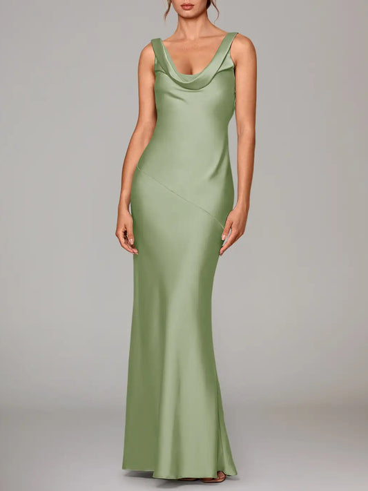 Sage Green Mermaid Stretch Satin Dress-F0114005
