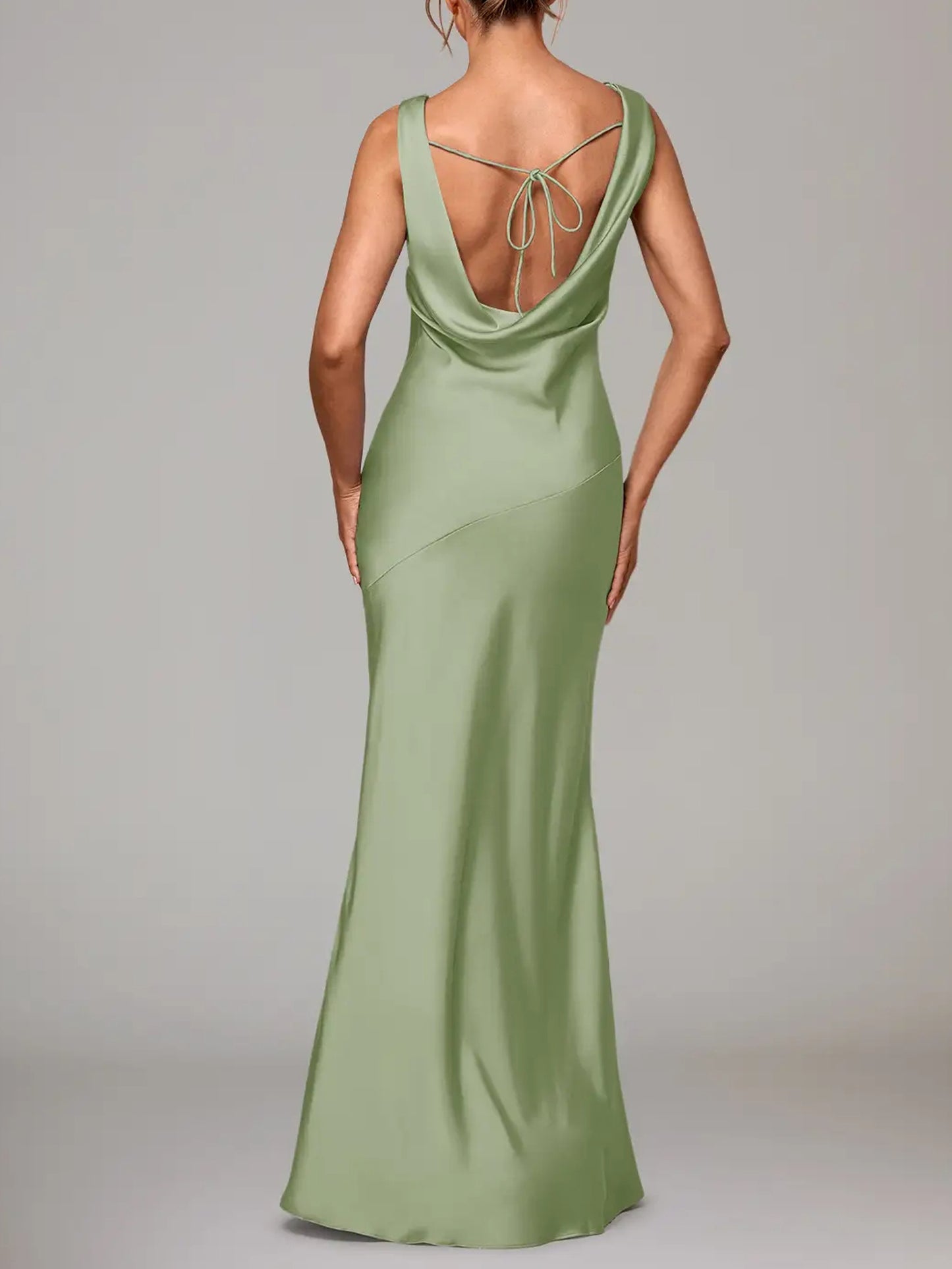 Sage Green Mermaid Stretch Satin Dress-F0114005