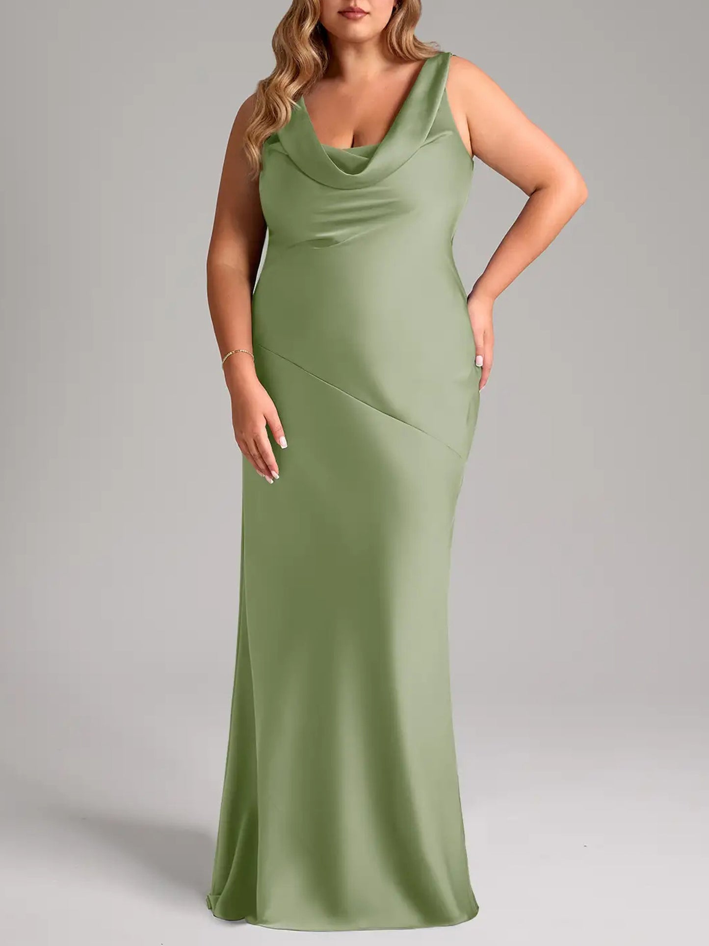 Sage Green Mermaid Stretch Satin Dress-F0114005