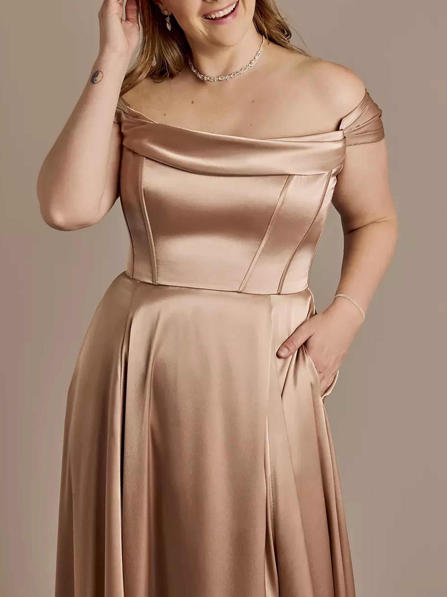 Stretch Satin Cowl Off-the-Shoulder Dress-F0114007