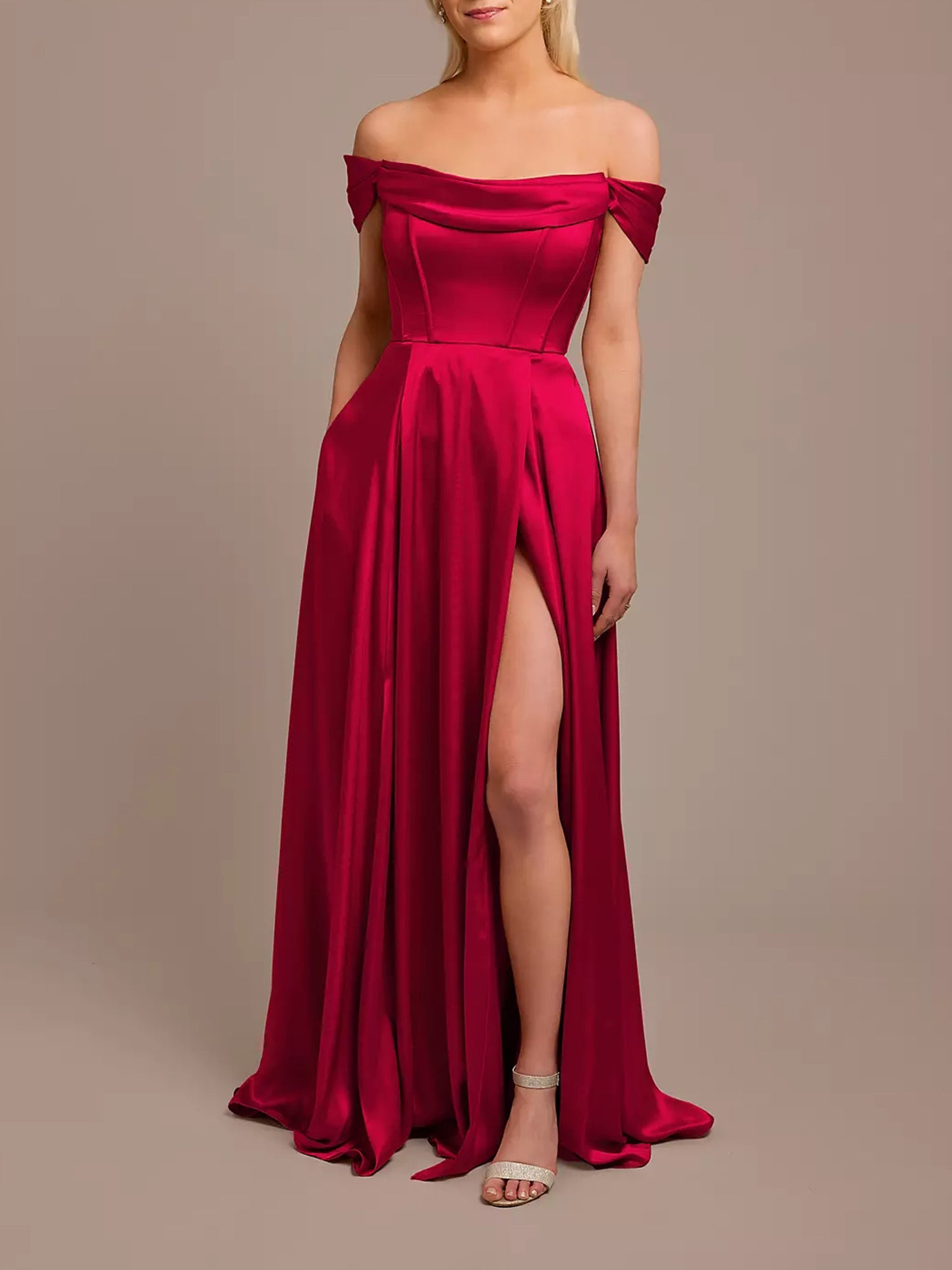 Stretch Satin Cowl Off-the-Shoulder Dress-F0114007