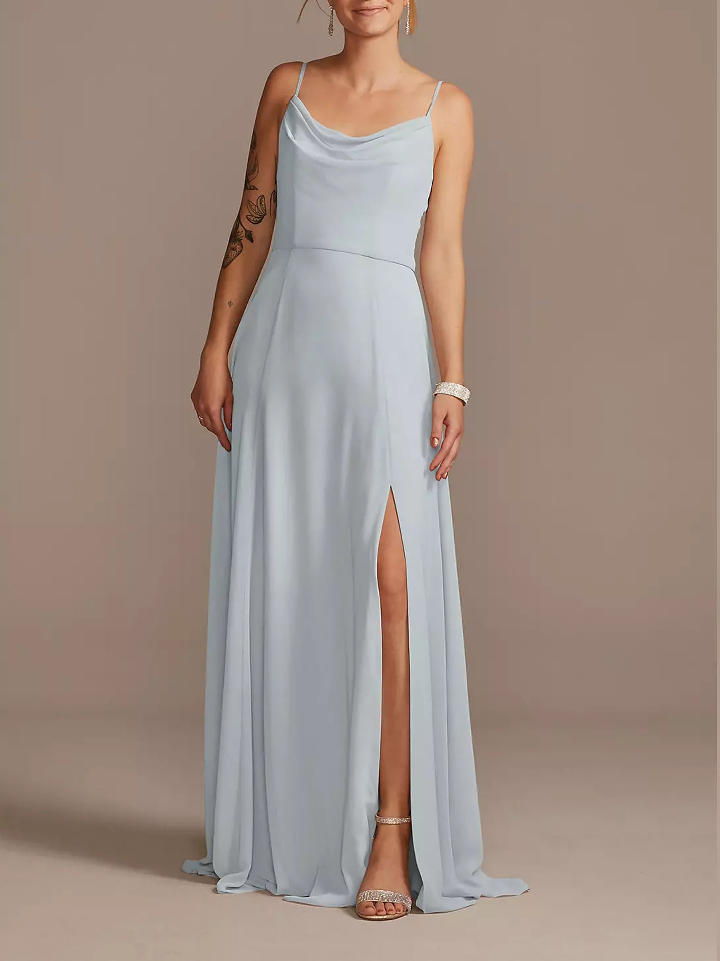 Chiffon Cowl Neck Chiffon Dress with Slit-F0114008