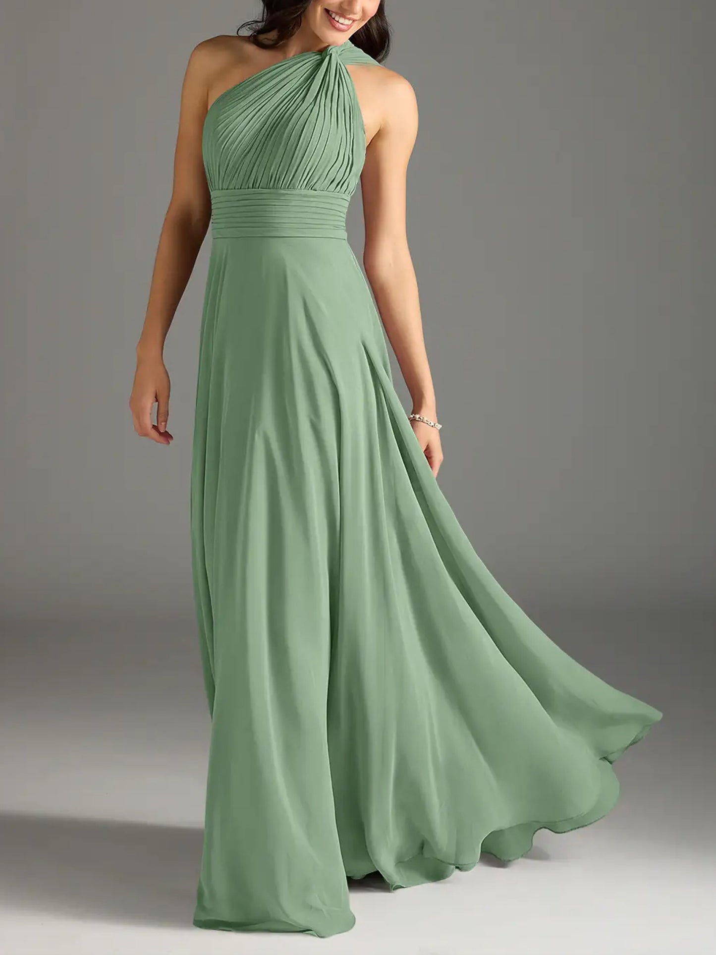 Chiffon A-Line One Shoulder Pleated Bridesmaid Dress-F0114014P
