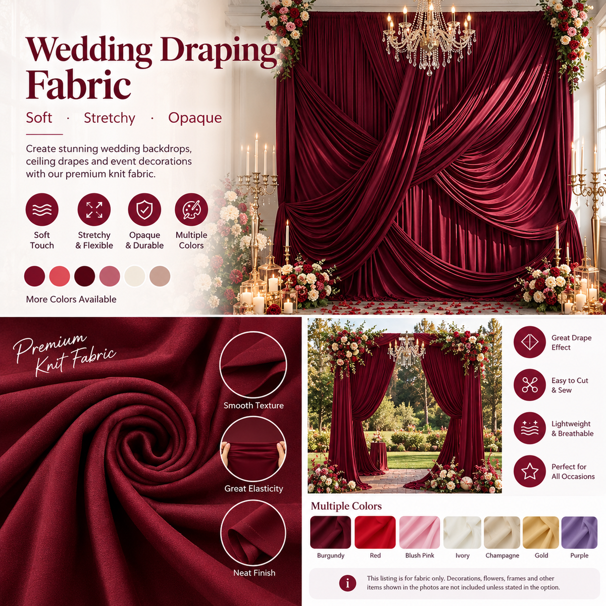 Burgundy Wedding Draping Fabric for Ceremony Backdrops and Event Decorations 170 × 100 cm