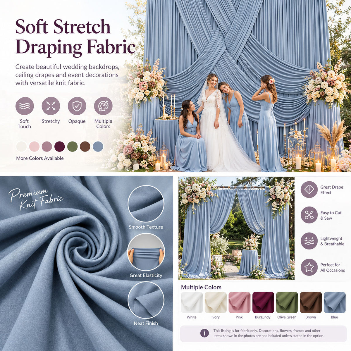 Dusty Blue Wedding Draping Fabric for Ceremony Backdrops and Event Decorations 170 × 100 cm