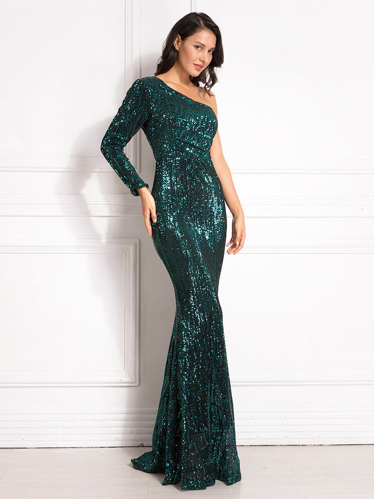 Sequin Mermaid One Shoulder Long Sleeves Dress-FM00036