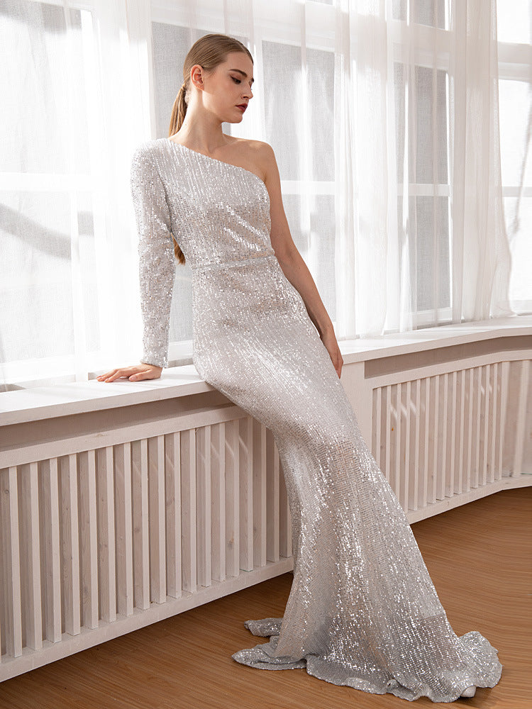 Sequin Mermaid One Shoulder Long Sleeves Dress-FM00036
