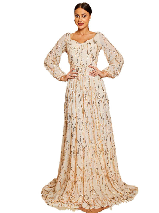 Sequin A-Line V-Neck Long Sleeves-Dress-FM00041