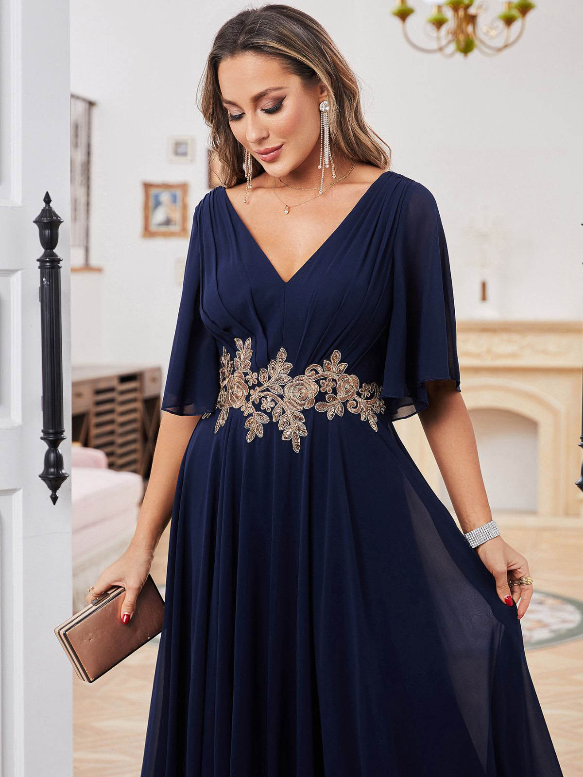 Chiffon A-Line V-Neck Half Sleeves-Dress-FM00042