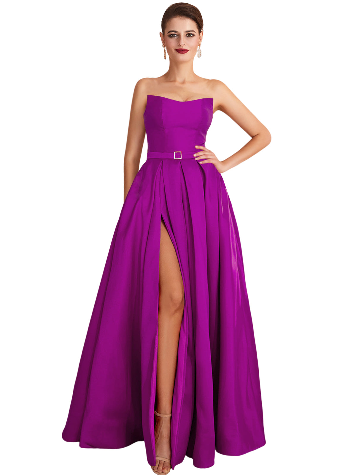 A Line Long Prom Dress Strapless Satin Slit Evening Ball Gown GD101542