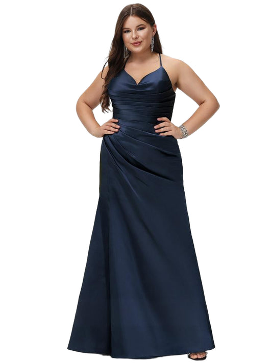 Plus Size A Line Long Prom Dress V-Neck Satin Evening Ball Gown GD300104