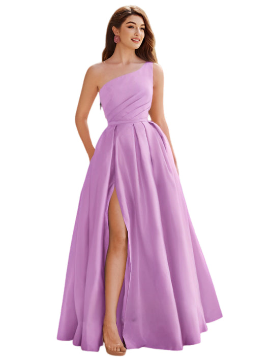 A Line Long Dress Satin One Shoulder Sleeveless Evening Ball Gown GD300106