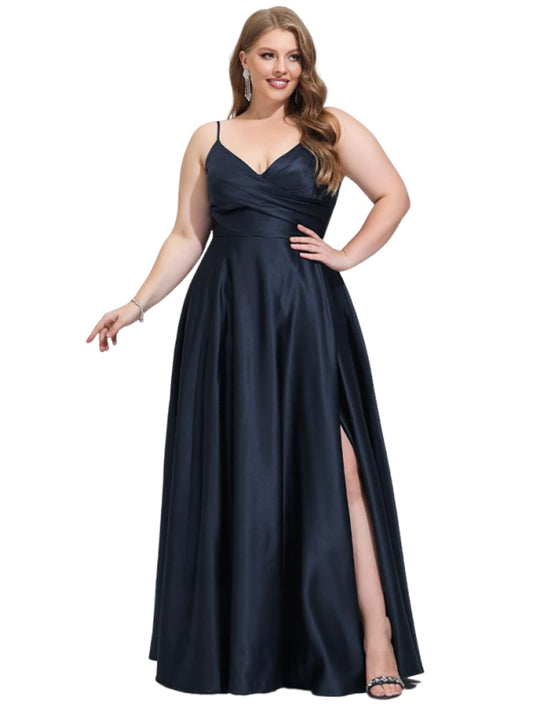 Plus Size A Line Long Prom Dress V-Neck Satin Slit Evening Ball Gown GD300108