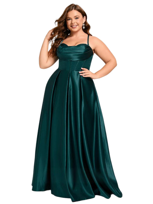 Plus Size A Line Long Prom Dress V-Neck Satin Evening Ball Gown GD300109
