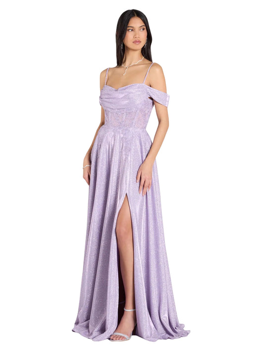 Women's Long Dress Glitter Lace Off the Shoulder Slit Evening Ball Gown with GD300117
