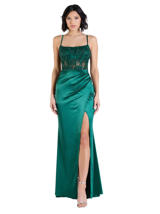 Satin Lace Long Dress Bateau/Boat Slit Evening Ball Gown with GD300118