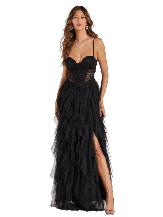Tulle A Line Long Prom Dress Spaghetti Straps Ball Gown GD300112