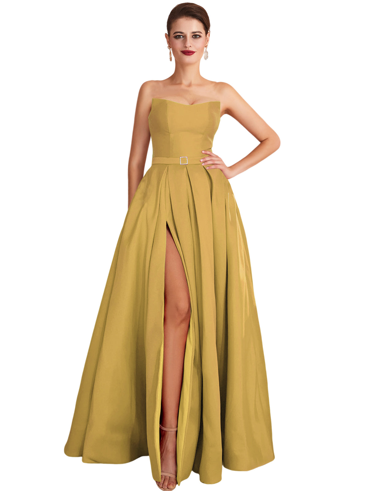 A Line Long Prom Dress Strapless Satin Slit Evening Ball Gown GD101542