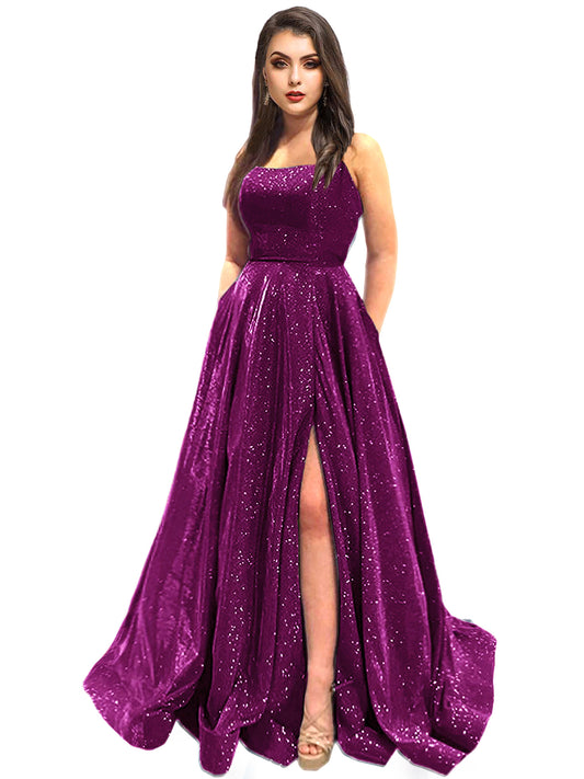Women's Long Dress Glitter Bateau/Boat Slit Evening Ball Gown with Pockets GD100025