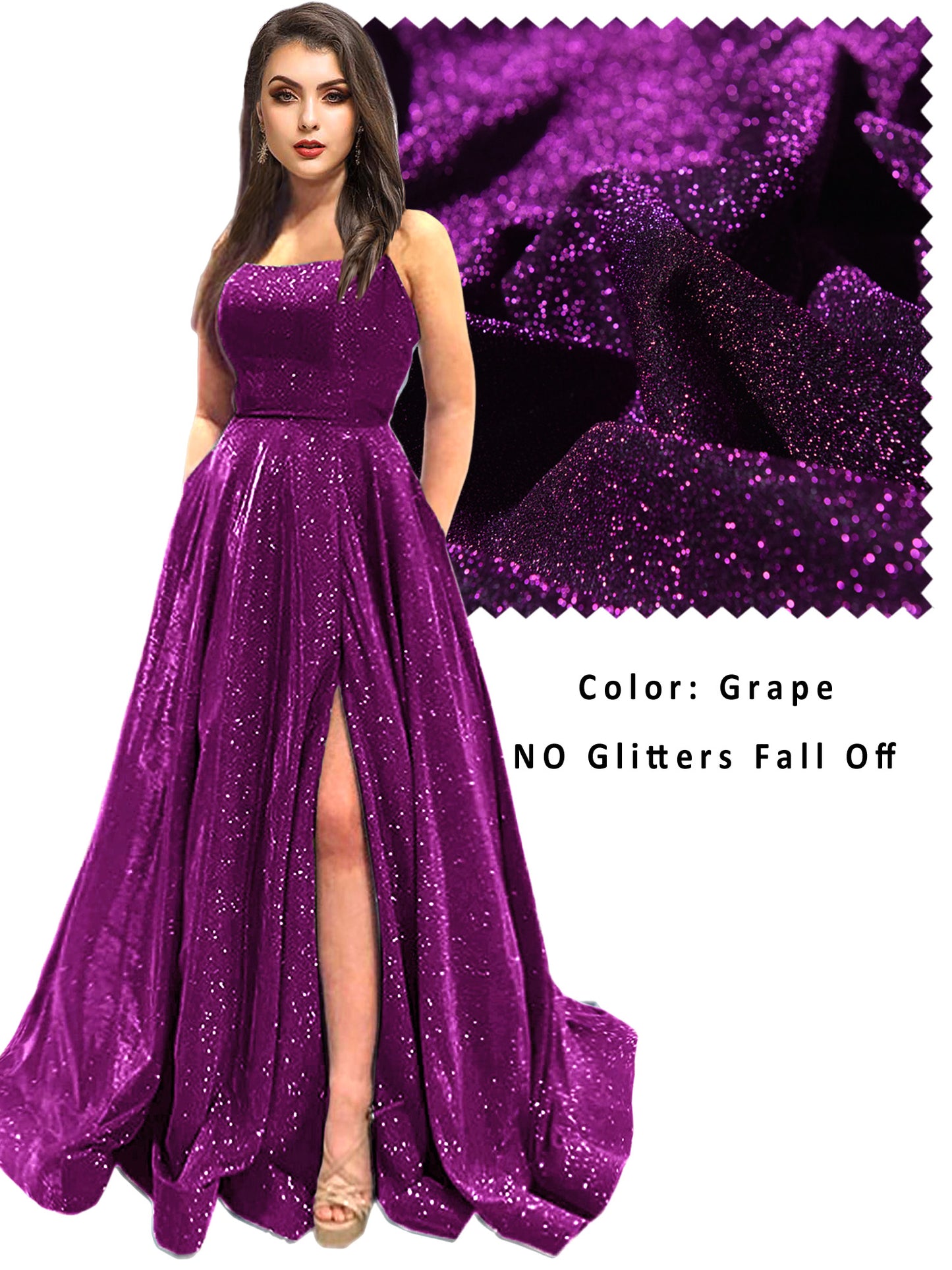 Women's Long Dress Glitter Bateau/Boat Slit Evening Ball Gown with Pockets GD100025
