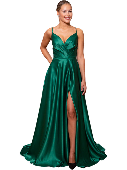 A Line Long Prom Dress V-Neck Satin Slit Evening Ball Gown GD101505