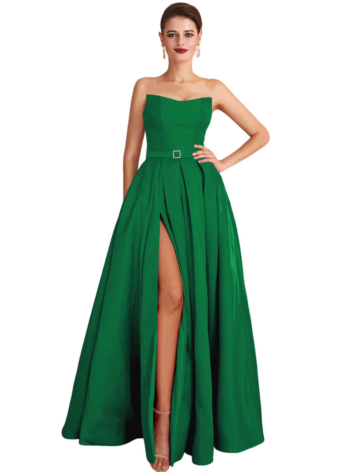 A Line Long Prom Dress Strapless Satin Slit Evening Ball Gown GD101542