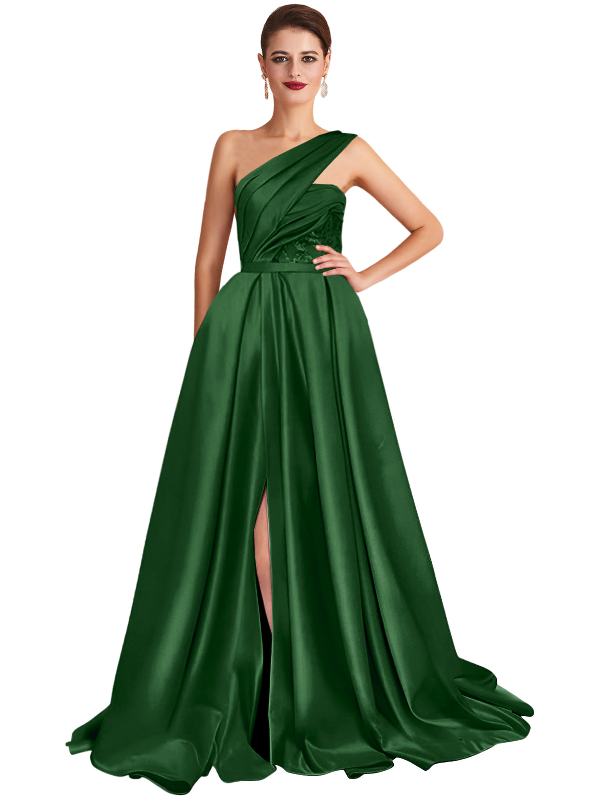 A Line Long Dress Lace Satin One Shoulder Sleeveless Evening Ball Gown GD101656