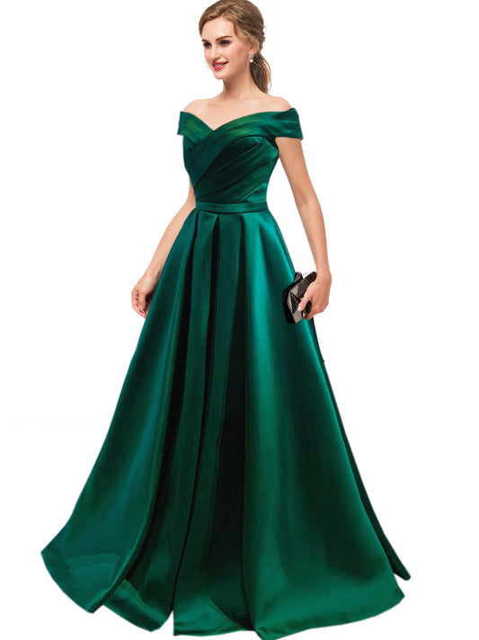 Satin Long Prom Dress Off the Shoulder A Line Evening Ball Gown with Pockets GD1190