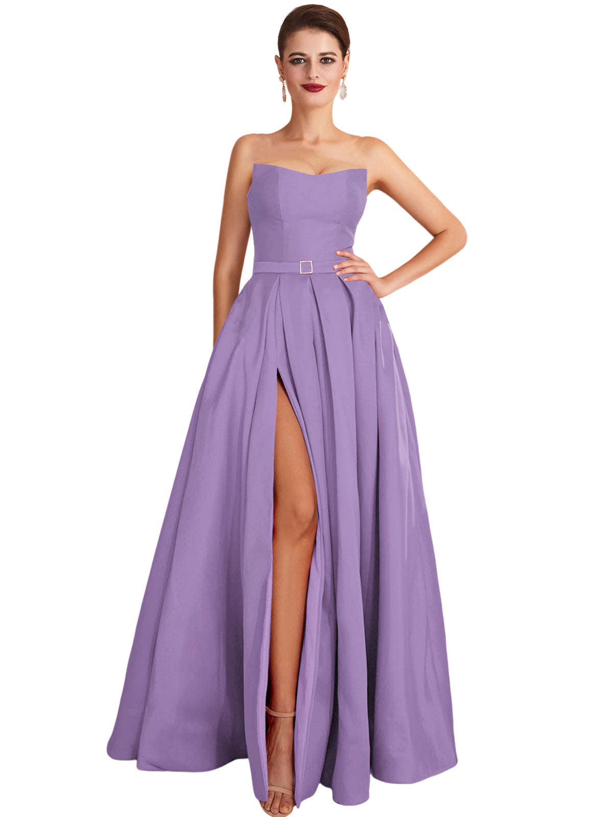 A Line Long Prom Dress Strapless Satin Slit Evening Ball Gown GD101542