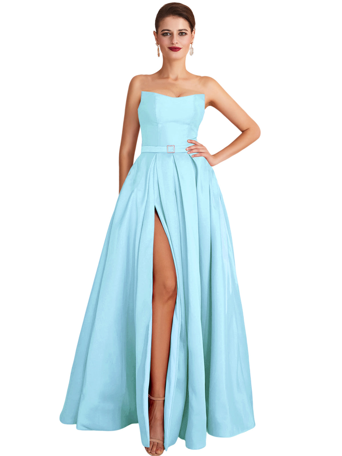 A Line Long Prom Dress Strapless Satin Slit Evening Ball Gown GD101542