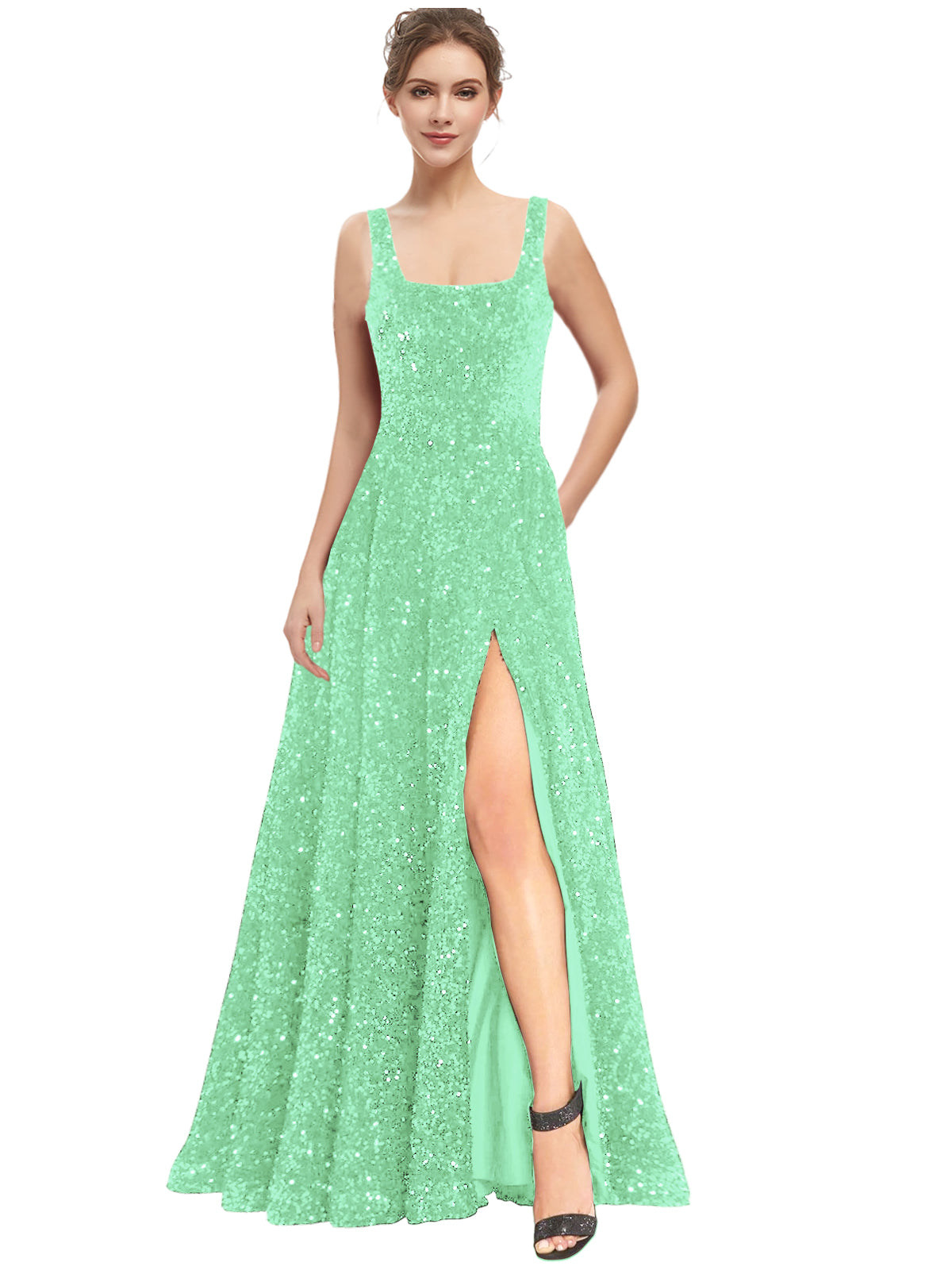 Women's Long Dress Sequin Bateau/Boat Back Strap Slit Fashion Long Sleeveless Party Dress GD101932