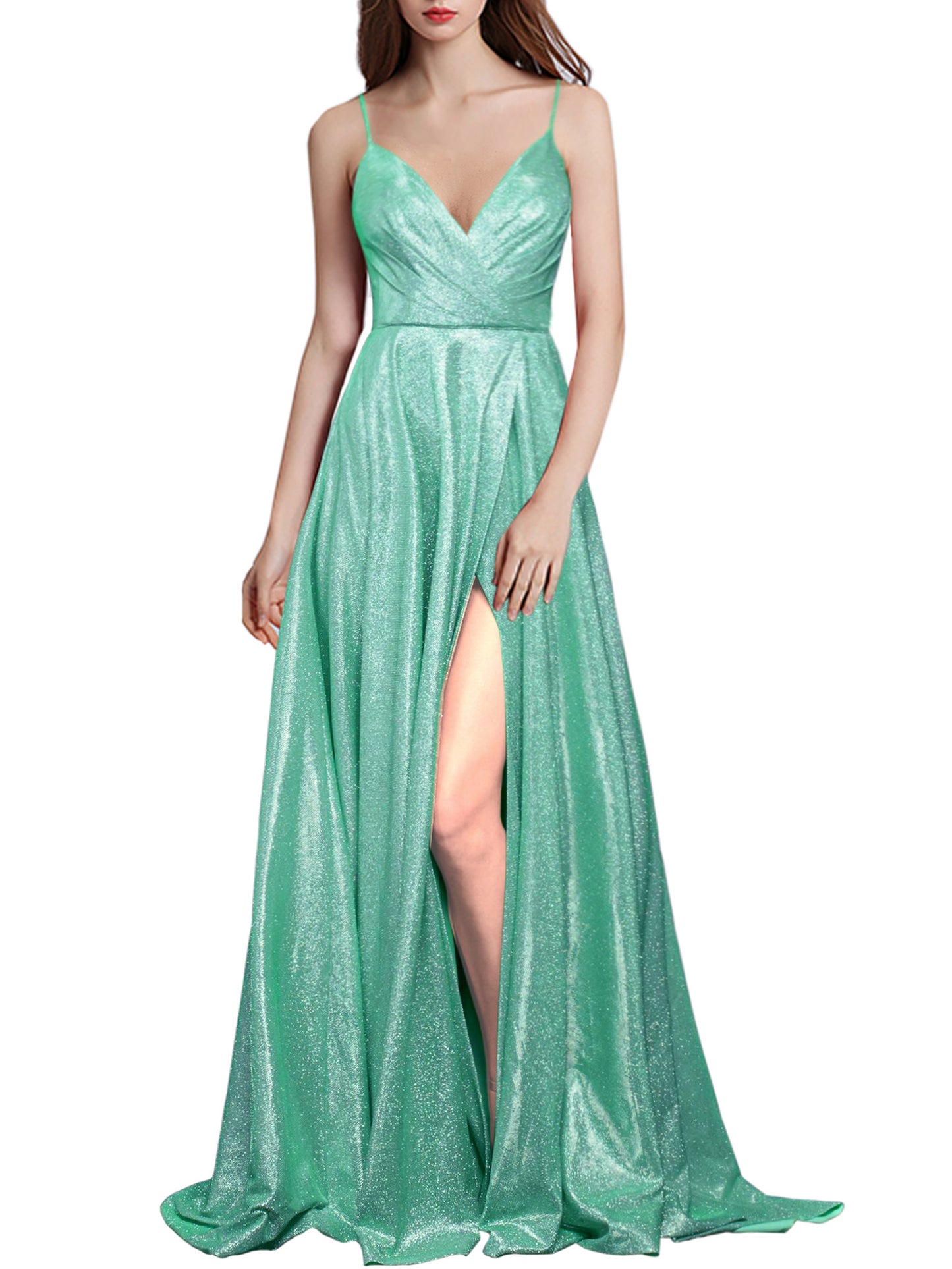 Women's Long Dress Glitter V-neck Slits Back Strap Fashion Long Sleeveless Slit Party Dress B19390
