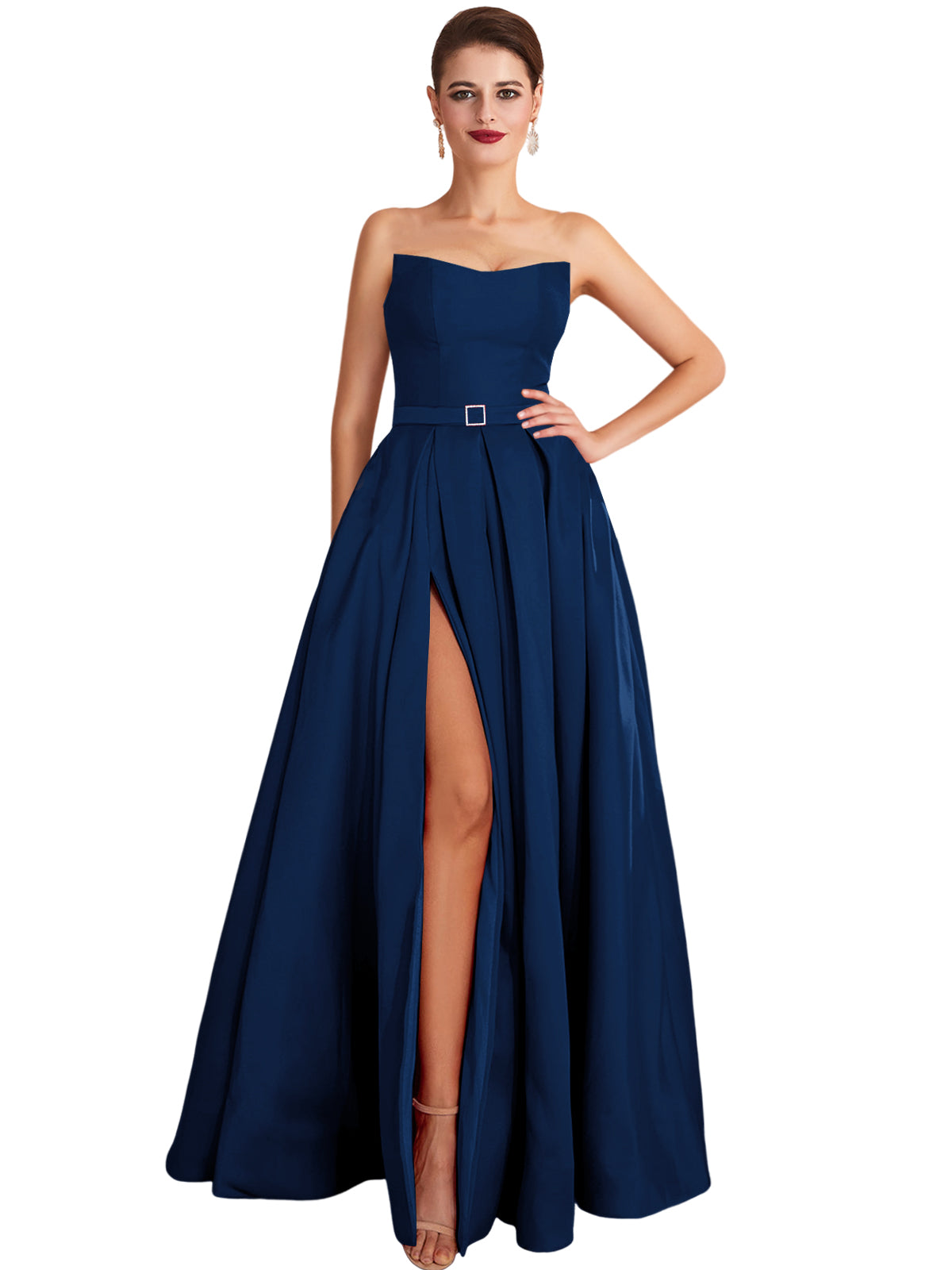 A Line Long Prom Dress Strapless Satin Slit Evening Ball Gown GD101542