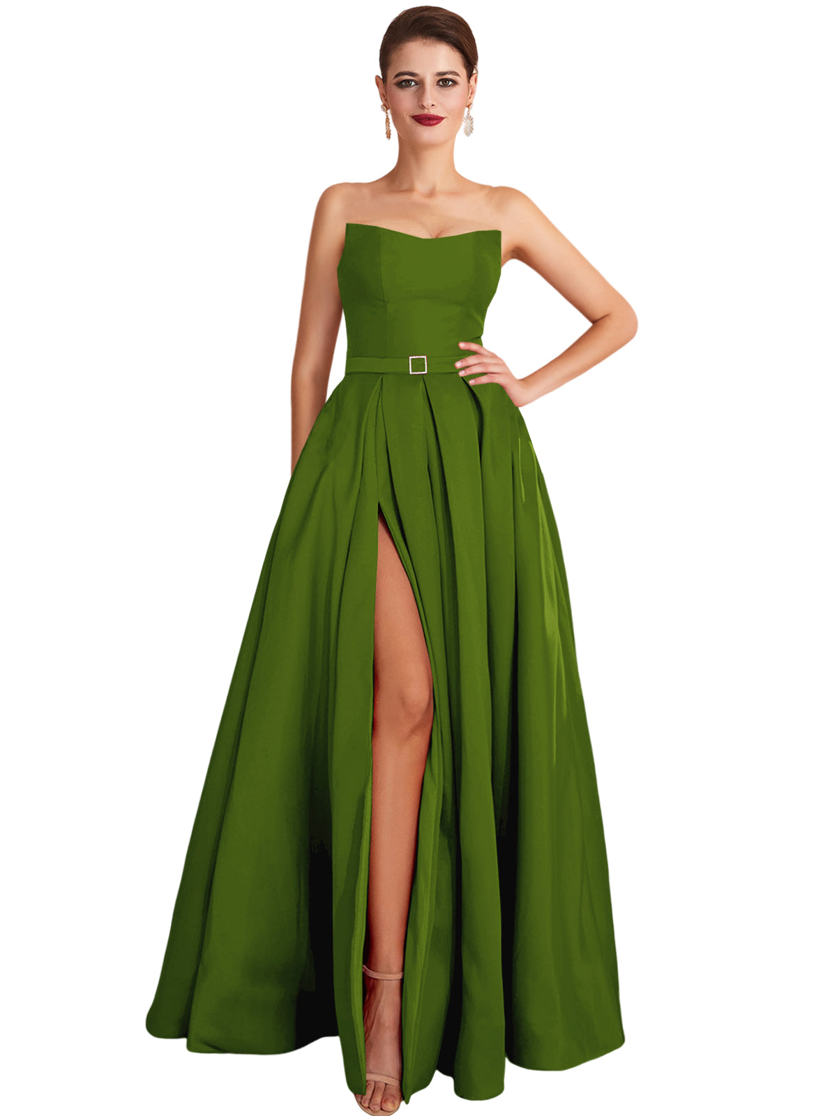 A Line Long Prom Dress Strapless Satin Slit Evening Ball Gown GD101542