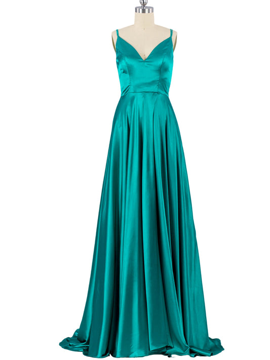 A Line Long Dress Silk like Satin V Neck Sleeveless Party Dress B19417