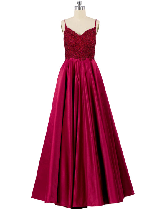 A Line Long Dress Lace Satin Spaghetti Straps Sleeveless Evening Ball Gown with Pockets GD100123