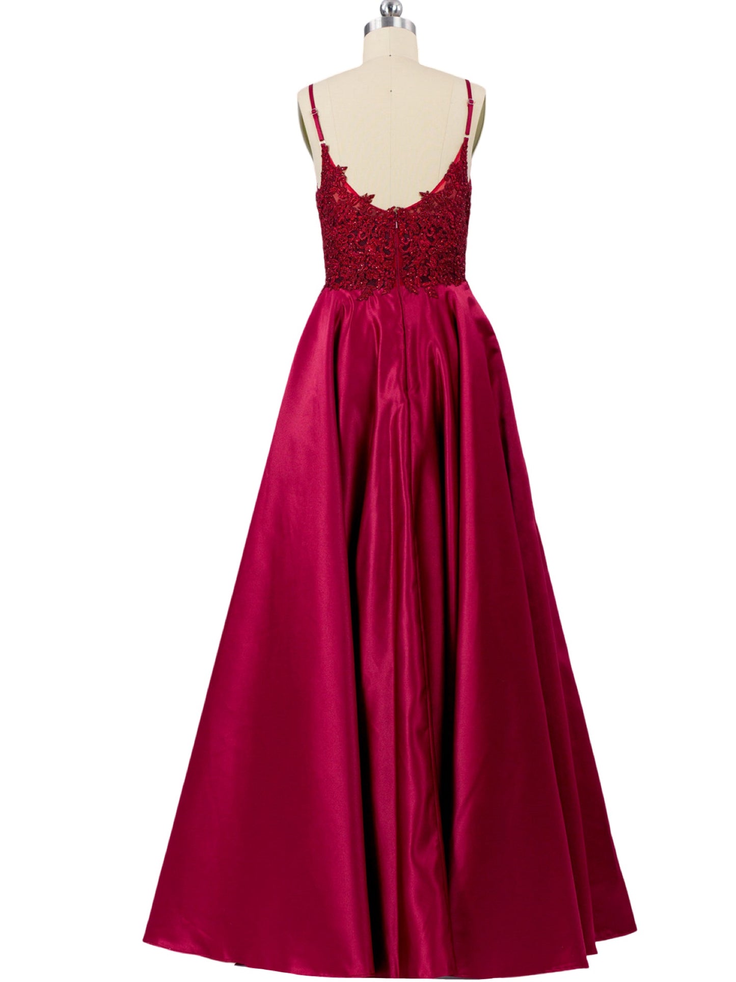 A Line Long Dress Lace Satin Spaghetti Straps Sleeveless Evening Ball Gown with Pockets GD100123