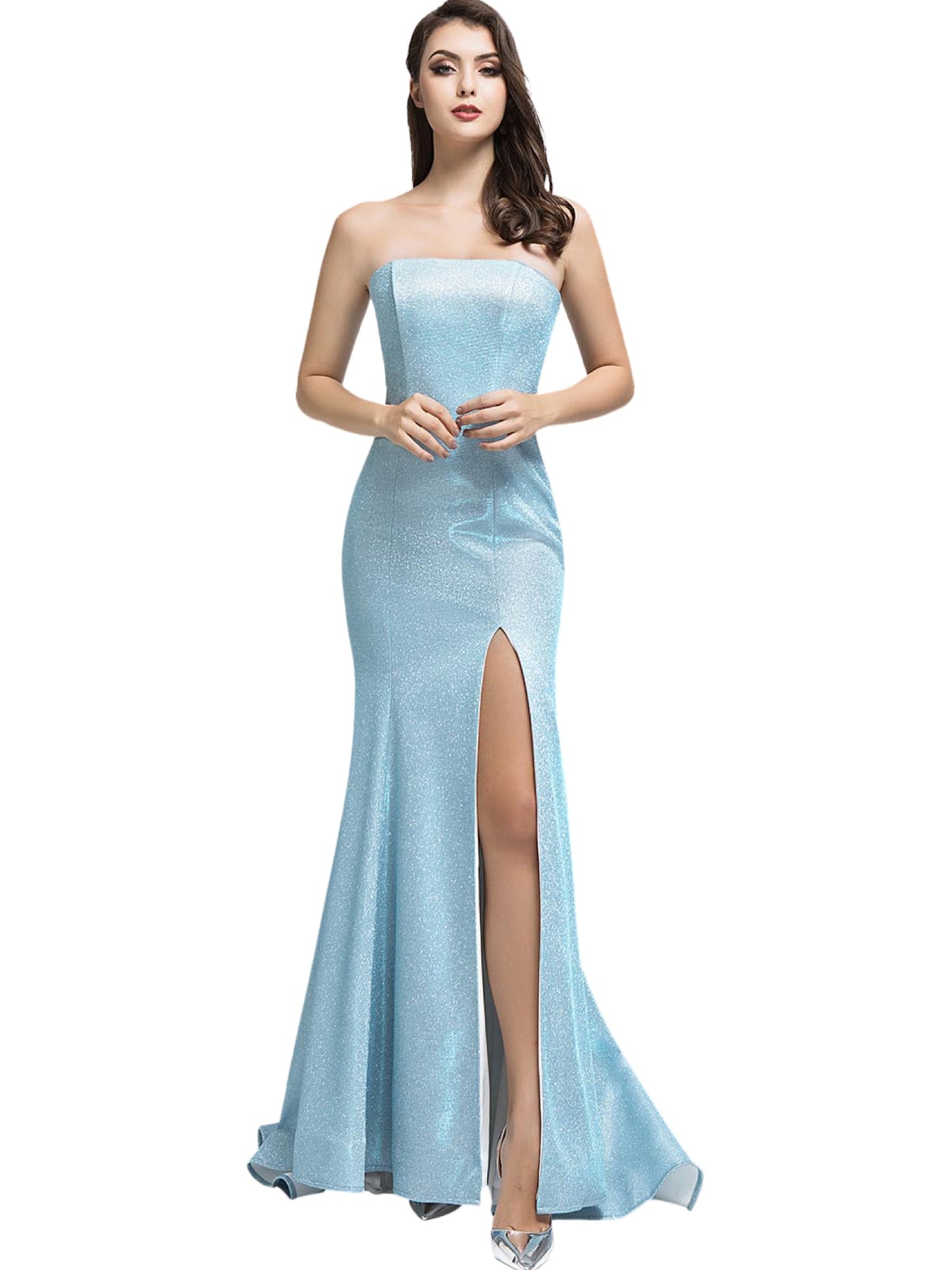Glitter Long Dress Strapless Sleeveless Slit Evening Ball Gown B19393