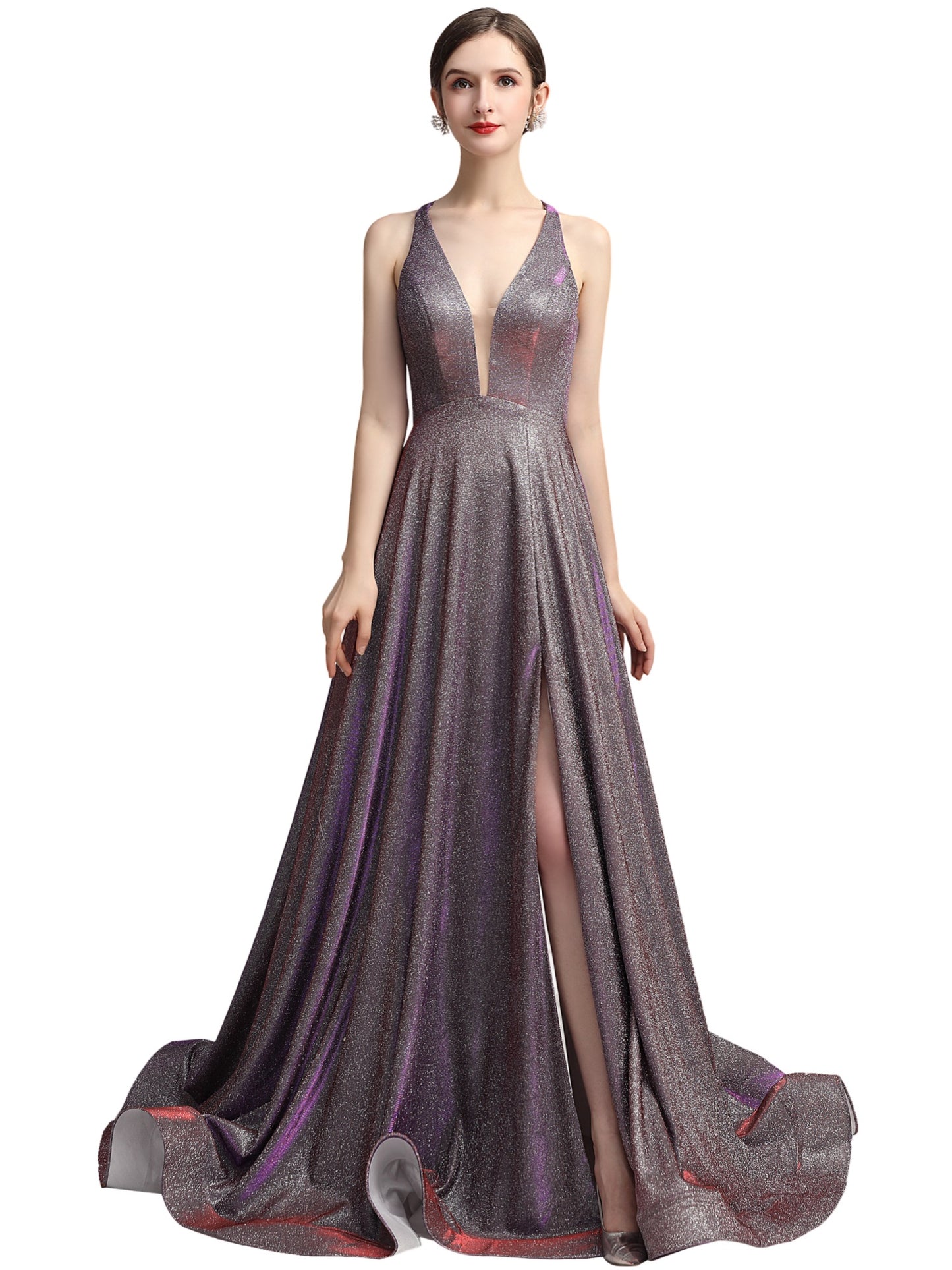 Women's Long Dress Glitter V-neck Slits A Line Sleeveless Slit Party Dress GD100179