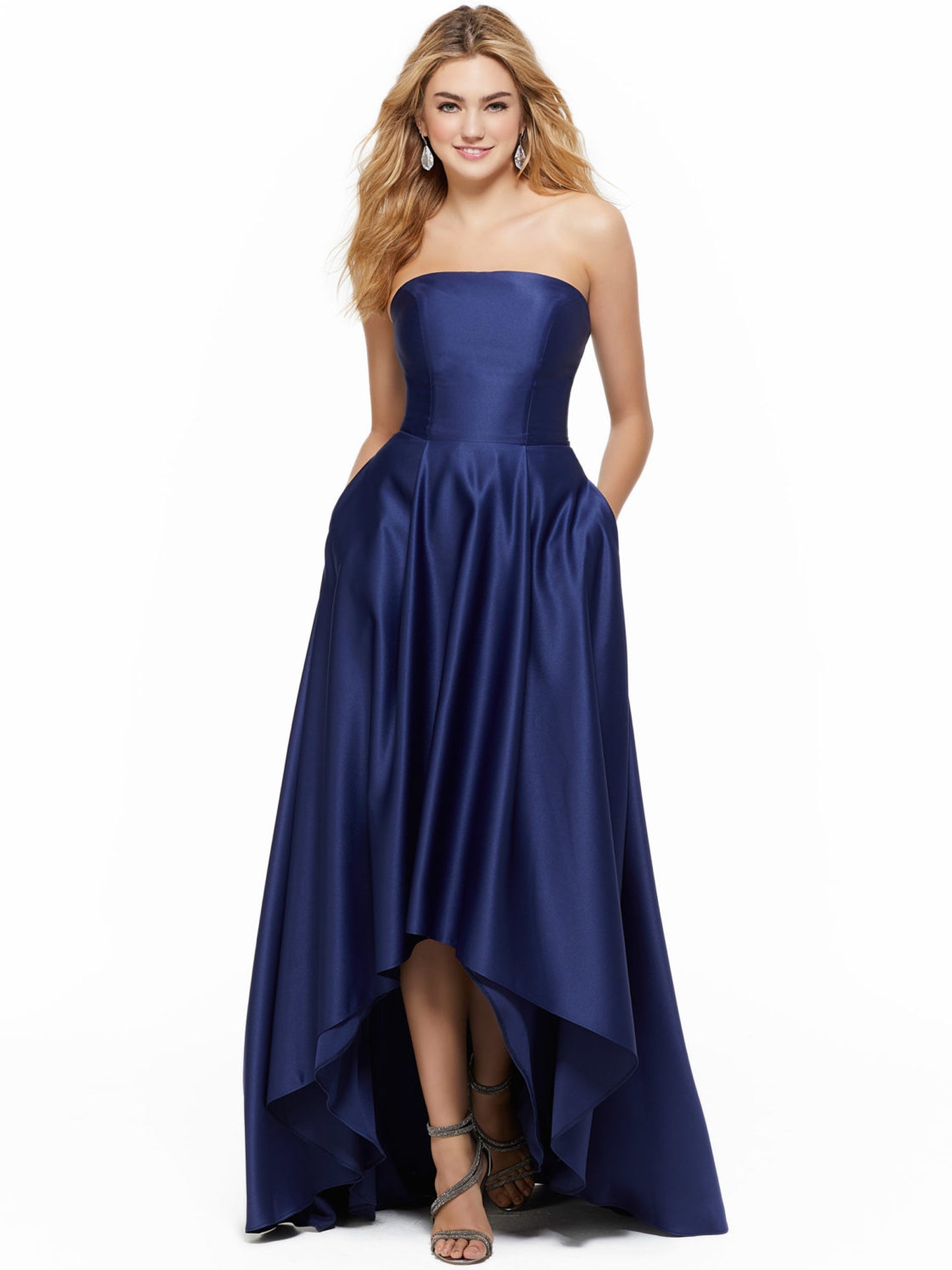Satin Asymmetric Prom Dress Strapless  A Line Evening Ball Gown with Pockets GD100507